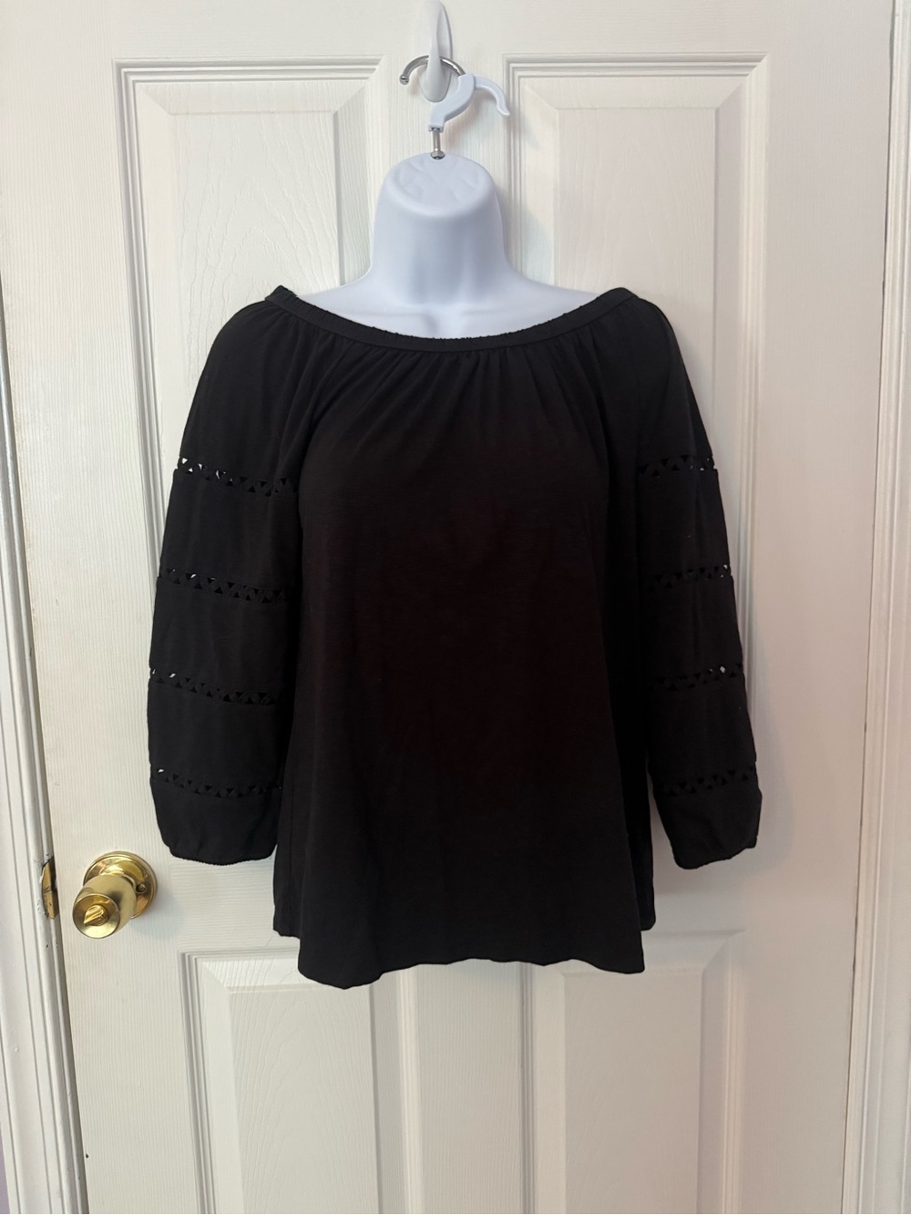 Talbots Black Peasant Blouse with Criss Cross Detail Quarter Sleeves